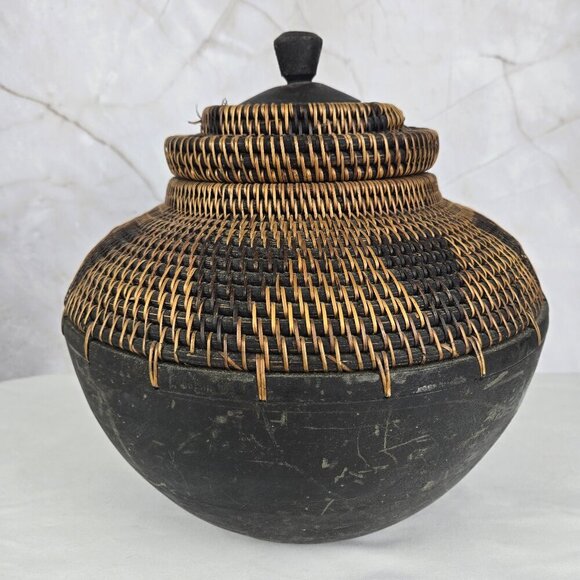 Wood and Rattan Vessel with Removable Lid Brown & Black Handmade in Indonesia - Picture 2 of 11